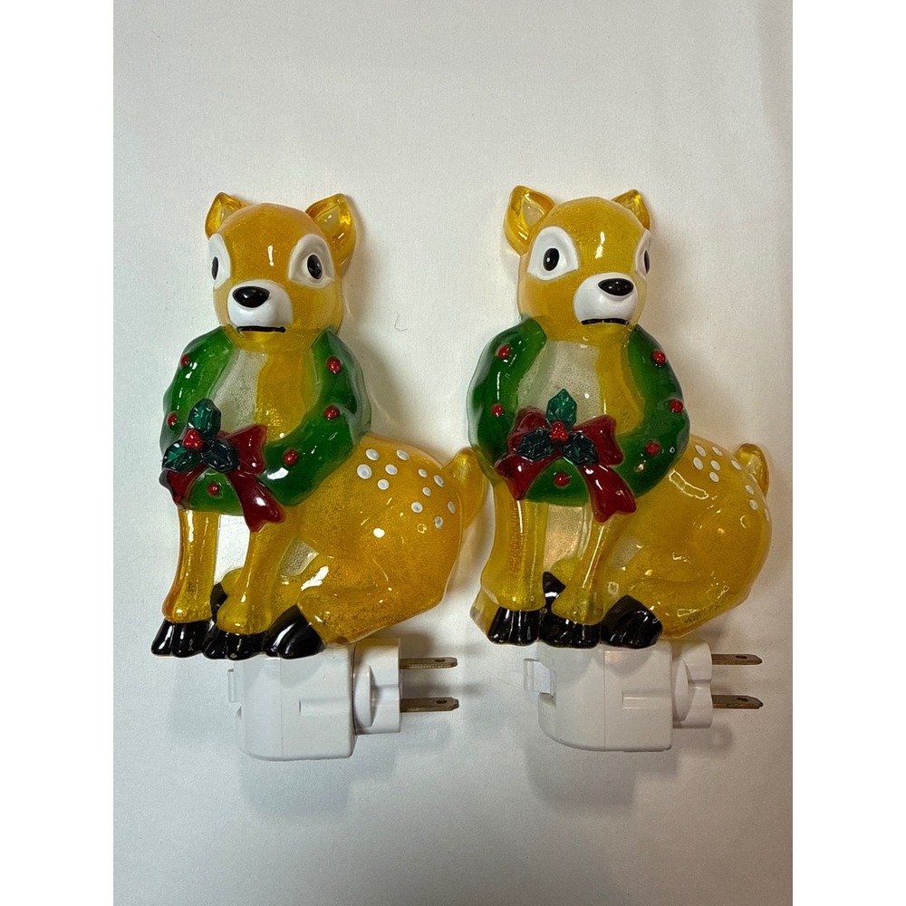 Set of 2 Vintage Christmas Reindeer Night Lights Fawn Holiday Decor Plug-In